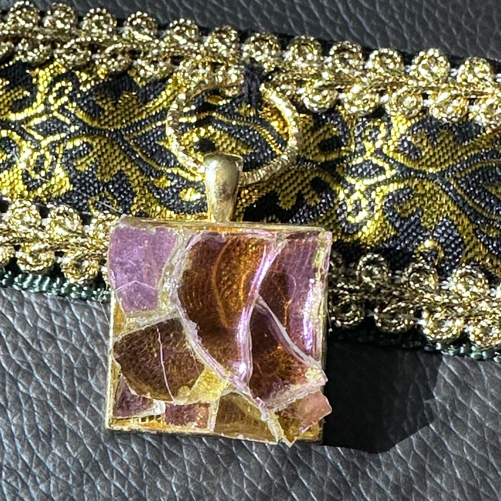 OOAK Handmade Gold Brocade Choker + Mosaic Glass Pendant – Boho Collar Nexklace - Picture 4 of 15